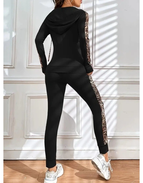 Kadın Uzun Kollu Kapşonlu Fermuarlı Bağcıklı Viskon Iki Iplik Bluz Ve Pantolon Tayt