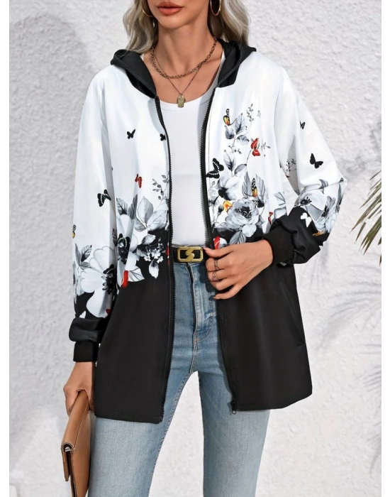 Kadın Uzun Kollu Kapşonlu Fermuarlı çiçekkelebek Desenli şardonlu Dalgıç Ceket