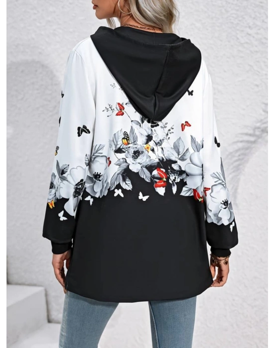 Kadın Uzun Kollu Kapşonlu Fermuarlı çiçekkelebek Desenli şardonlu Dalgıç Ceket