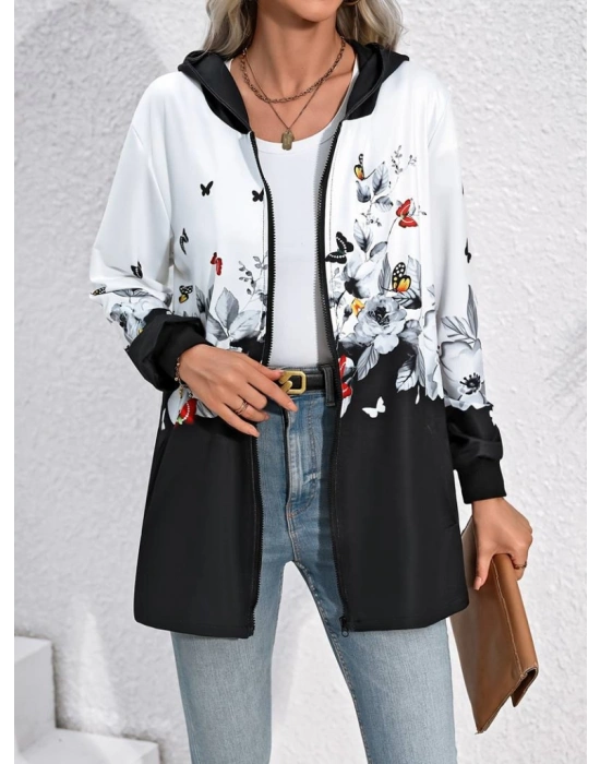 Kadın Uzun Kollu Kapşonlu Fermuarlı çiçekkelebek Desenli şardonlu Dalgıç Ceket