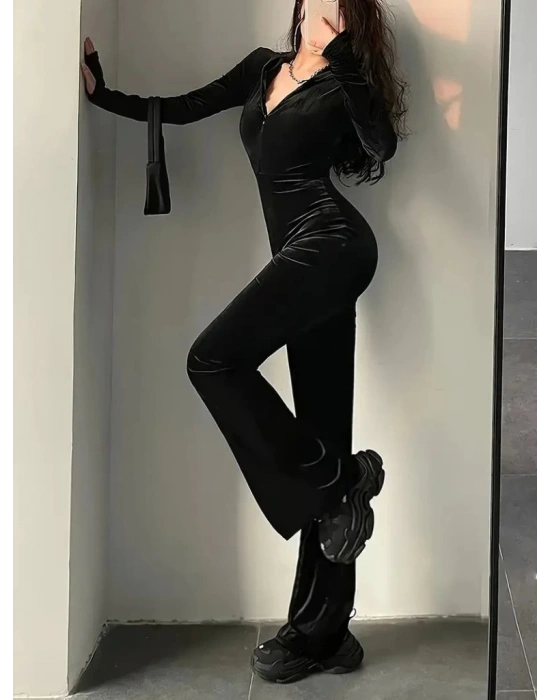 Kadın Uzun Kollu Kapşonlu Fermuarlı Kadife Tulum