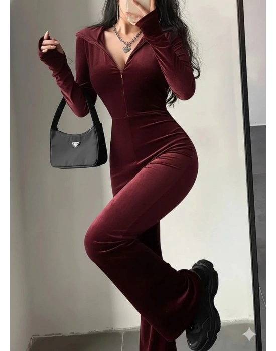 Kadın Uzun Kollu Kapşonlu Fermuarlı Kadife Tulum