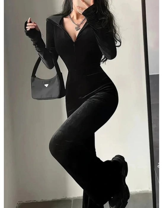 Kadın Uzun Kollu Kapşonlu Fermuarlı Kadife Tulum