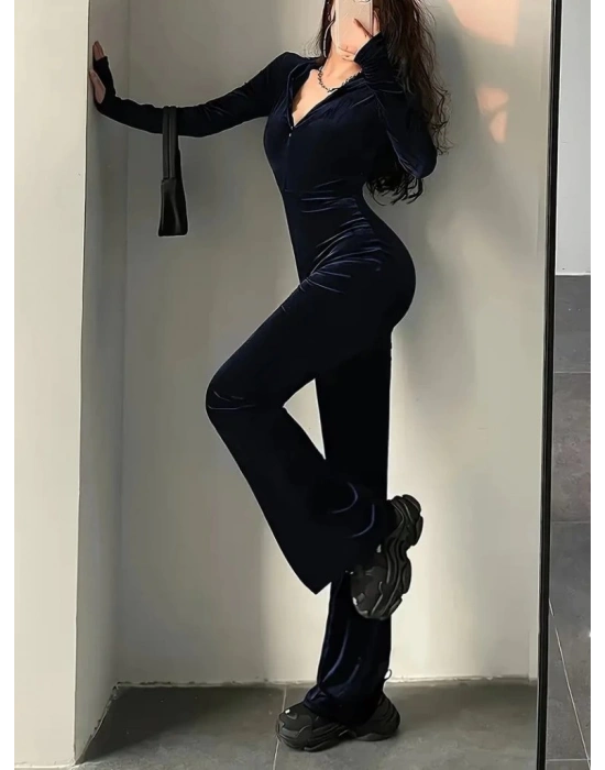 Kadın Uzun Kollu Kapşonlu Fermuarlı Kadife Tulum