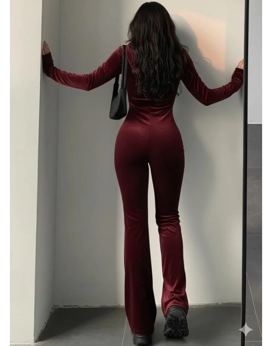 Kadın Uzun Kollu Kapşonlu Fermuarlı Kadife Tulum