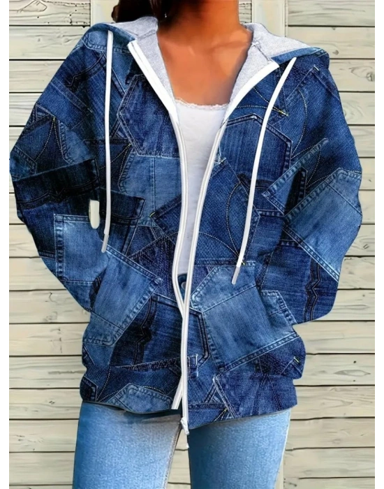 Kadın Uzun Kollu Kapşonlu Fermuarlı Kot Desenli Bağcıklı Modal Ceket