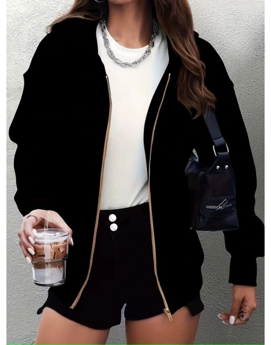 Kadın Uzun Kollu Kapşonlu Fermuarlı önden Cep Detaylı şardonlu Iki Iplik Ceket