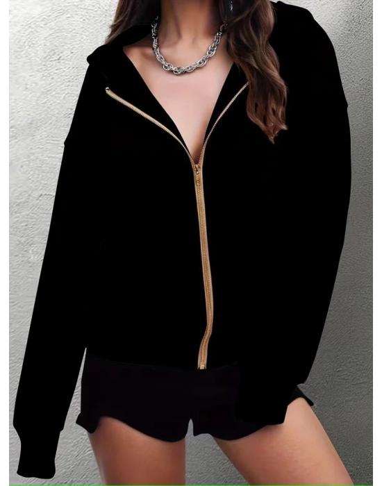 Kadın Uzun Kollu Kapşonlu Fermuarlı önden Cep Detaylı şardonlu Iki Iplik Ceket