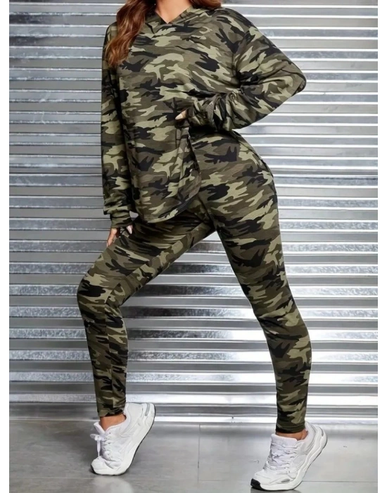 Kadın Uzun Kollu Kapşonlu Kamuflaj Desenli Bluz Ve Pantolon Tayt Ikili Takım