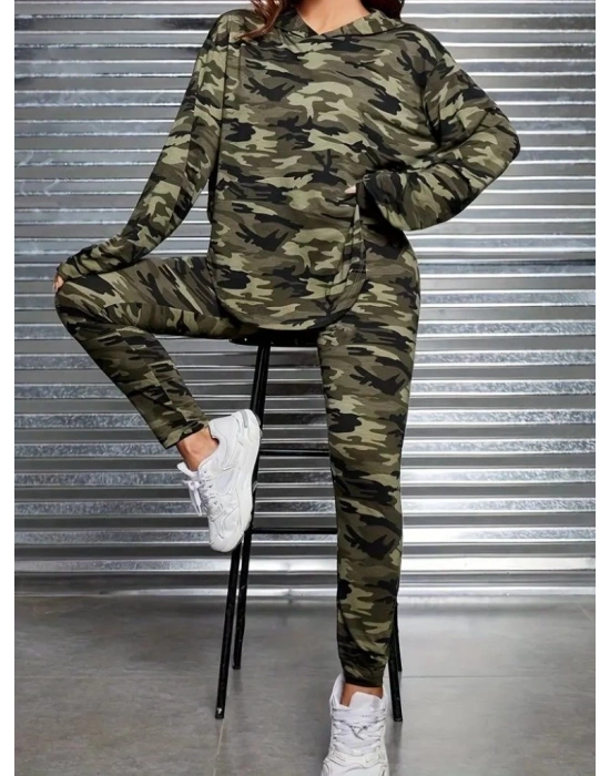 Kadın Uzun Kollu Kapşonlu Kamuflaj Desenli Bluz Ve Pantolon Tayt Ikili Takım