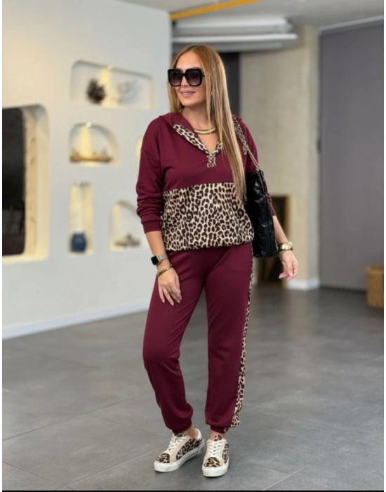 Kadın Uzun Kollu Kapşonlu Leopar Desen Detaylı Viskon Iki Iplik Bluz Ve Pantolon Ikili Takım
