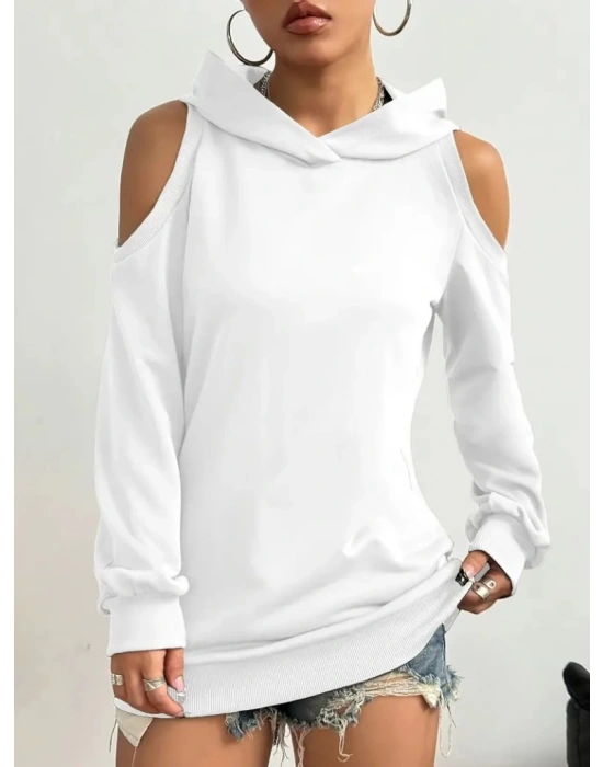 Kadın Uzun Kollu Kapşonlu Omuzlardan Açık Viskon Iki Iplik Bluz