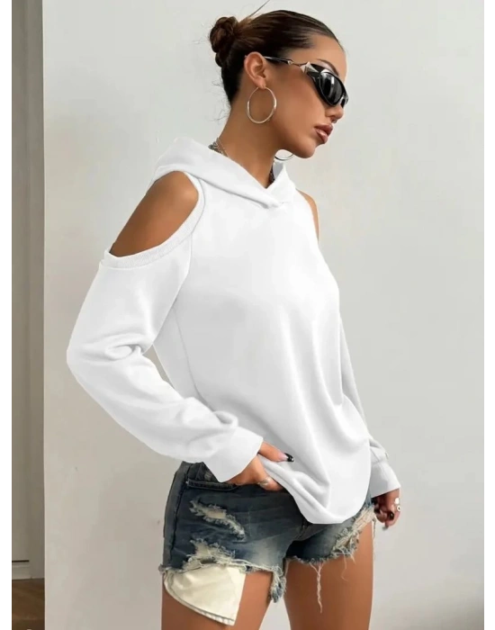 Kadın Uzun Kollu Kapşonlu Omuzlardan Açık Viskon Iki Iplik Bluz