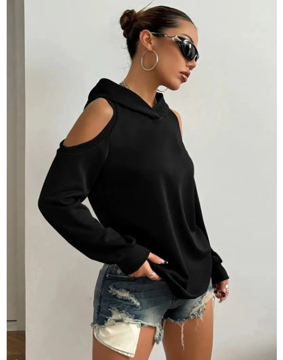 Kadın Uzun Kollu Kapşonlu Omuzlardan Açık Viskon Iki Iplik Bluz