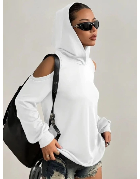 Kadın Uzun Kollu Kapşonlu Omuzlardan Açık Viskon Iki Iplik Bluz