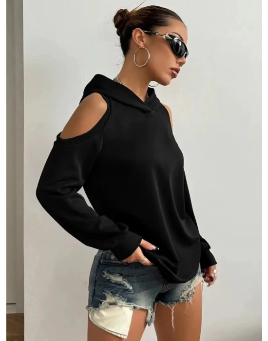 Kadın Uzun Kollu Kapşonlu Omuzlardan Açık Viskon Iki Iplik Bluz