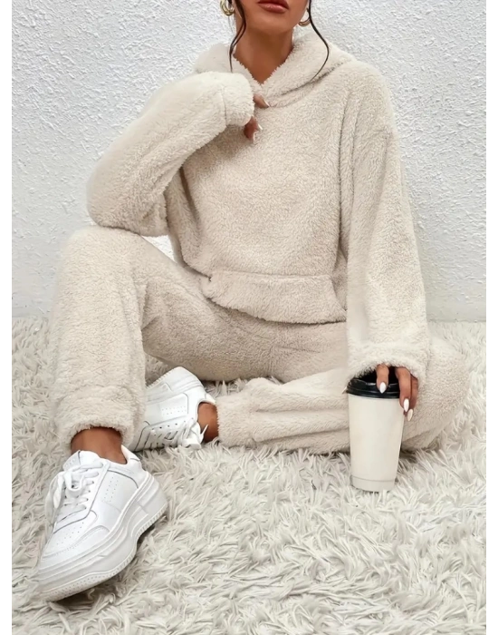 Kadın Uzun Kollu Kapşonlu önden Cepli Peluş Alt Ve üst Ikili Takım