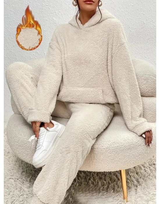 Kadın Uzun Kollu Kapşonlu önden Cepli Peluş Alt Ve üst Ikili Takım