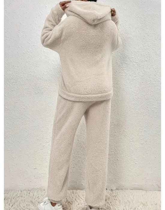 Kadın Uzun Kollu Kapşonlu önden Cepli Peluş Alt Ve üst Ikili Takım