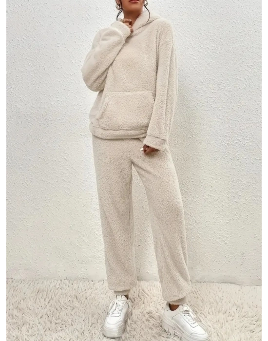 Kadın Uzun Kollu Kapşonlu önden Cepli Peluş Alt Ve üst Ikili Takım