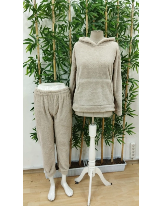 Kadın Uzun Kollu Kapşonlu önden Cepli Peluş Alt Ve üst Ikili Takım