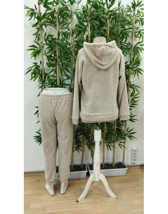 Kadın Uzun Kollu Kapşonlu önden Cepli Peluş Alt Ve üst Ikili Takım