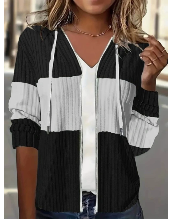 Kadın Uzun Kollu Kapşonlu önden Fermuarlı Blok Desenli şardonlu Kaşkorse Ceket