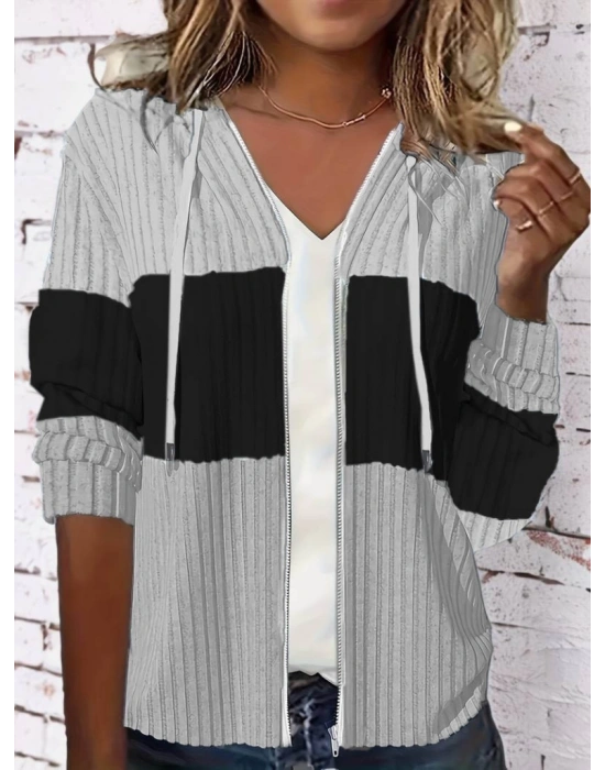 Kadın Uzun Kollu Kapşonlu önden Fermuarlı Blok Desenli şardonlu Kaşkorse Ceket