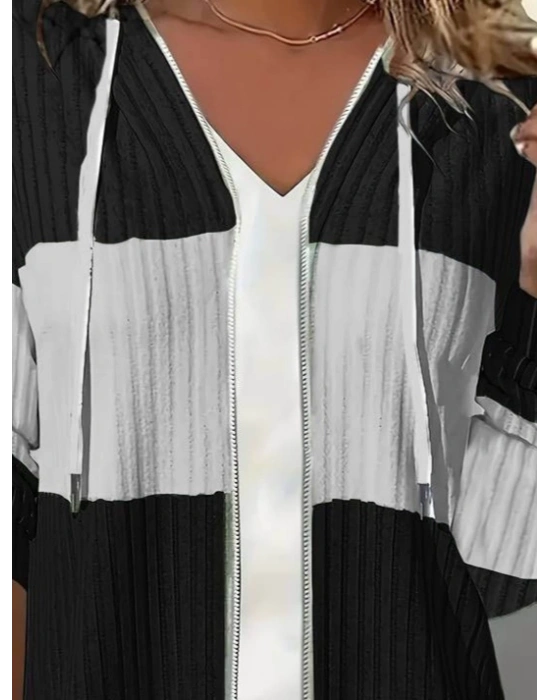 Kadın Uzun Kollu Kapşonlu önden Fermuarlı Blok Desenli şardonlu Kaşkorse Ceket