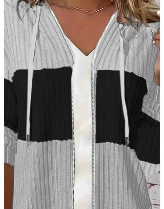 Kadın Uzun Kollu Kapşonlu önden Fermuarlı Blok Desenli şardonlu Kaşkorse Ceket