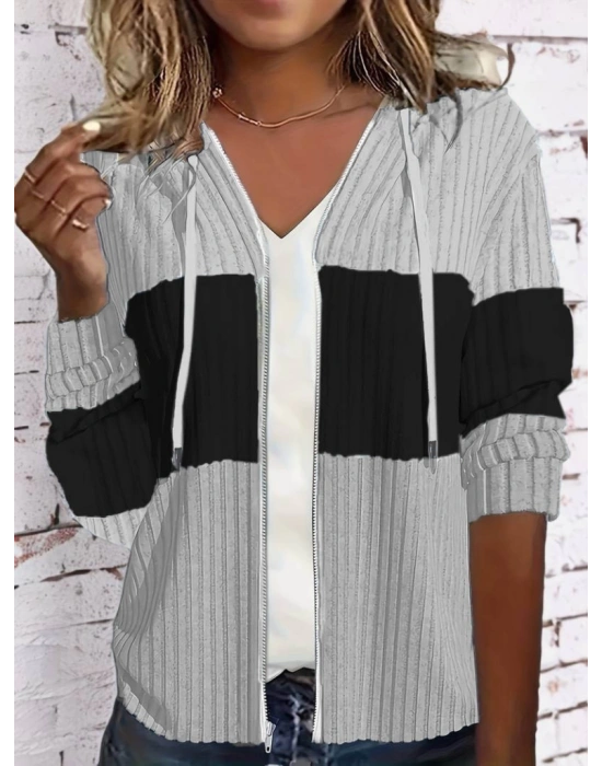 Kadın Uzun Kollu Kapşonlu önden Fermuarlı Blok Desenli şardonlu Kaşkorse Ceket