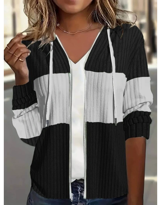 Kadın Uzun Kollu Kapşonlu önden Fermuarlı Blok Desenli şardonlu Kaşkorse Ceket