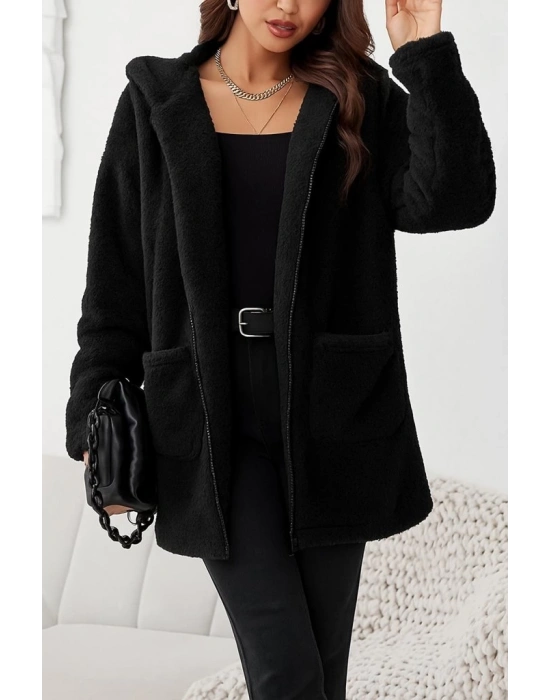 Kadın Uzun Kollu Kapşonlu önden Fermuarlı Cepli Welsoft Ceket