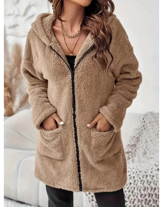 Kadın Uzun Kollu Kapşonlu önden Fermuarlı Cepli Welsoft Ceket