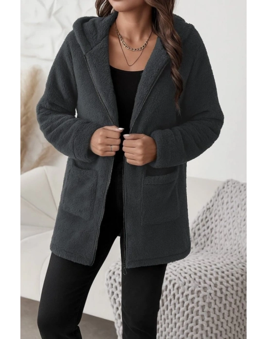 Kadın Uzun Kollu Kapşonlu önden Fermuarlı Cepli Welsoft Ceket
