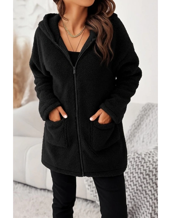 Kadın Uzun Kollu Kapşonlu önden Fermuarlı Cepli Welsoft Ceket