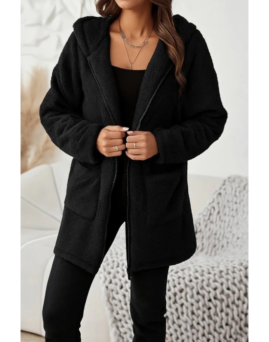 Kadın Uzun Kollu Kapşonlu önden Fermuarlı Cepli Welsoft Ceket
