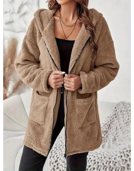 Kadın Uzun Kollu Kapşonlu önden Fermuarlı Cepli Welsoft Ceket