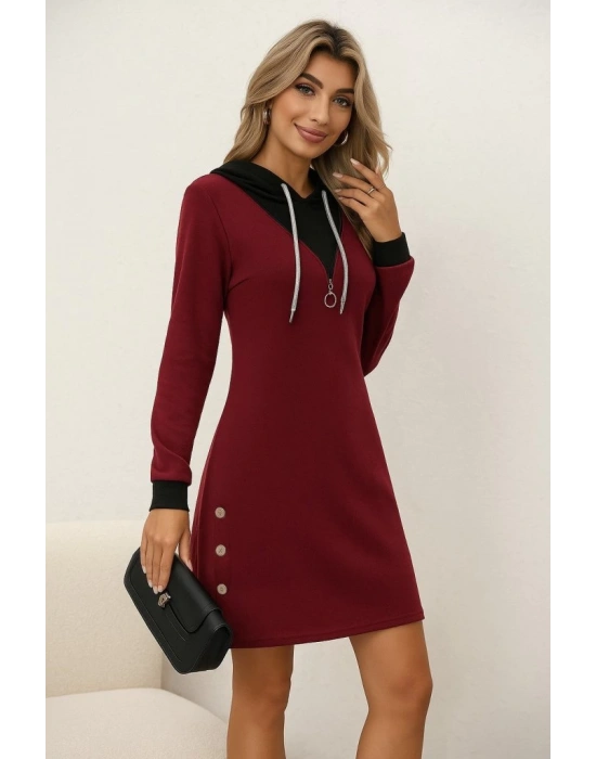 Kadın Uzun Kollu Kapşonlu önden Fermuarlı Düğmeli Mini Iki Iplik Elbise