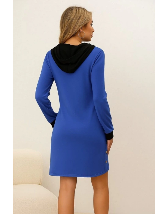 Kadın Uzun Kollu Kapşonlu önden Fermuarlı Düğmeli Mini Iki Iplik Elbise