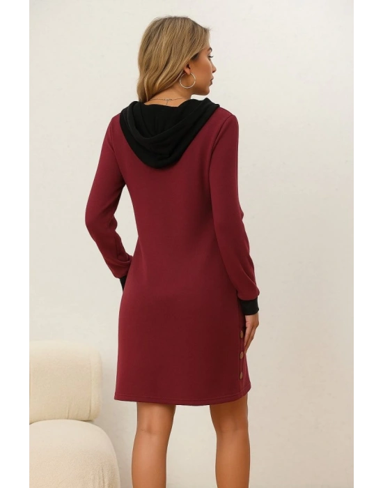 Kadın Uzun Kollu Kapşonlu önden Fermuarlı Düğmeli Mini Iki Iplik Elbise