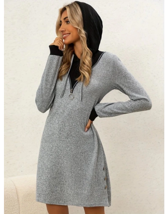 Kadın Uzun Kollu Kapşonlu önden Fermuarlı Düğmeli Mini Iki Iplik Elbise