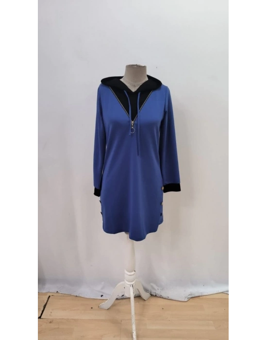 Kadın Uzun Kollu Kapşonlu önden Fermuarlı Düğmeli Mini Iki Iplik Elbise