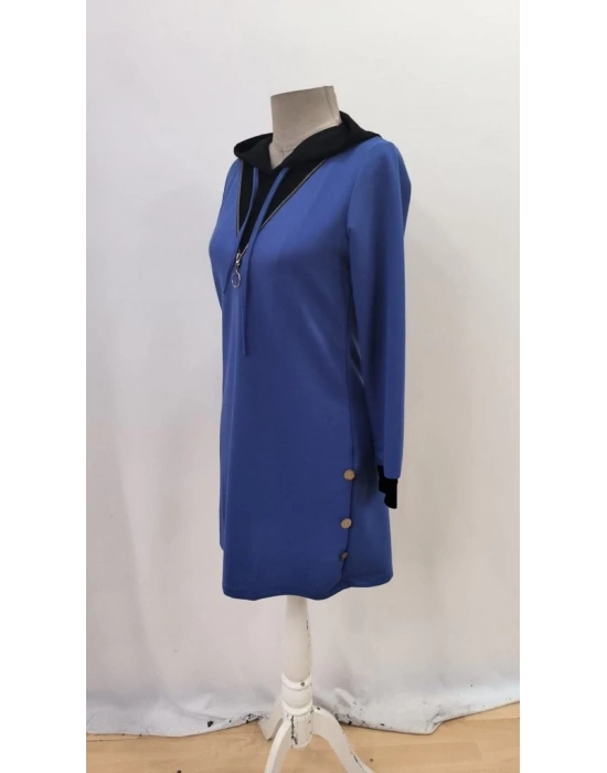 Kadın Uzun Kollu Kapşonlu önden Fermuarlı Düğmeli Mini Iki Iplik Elbise