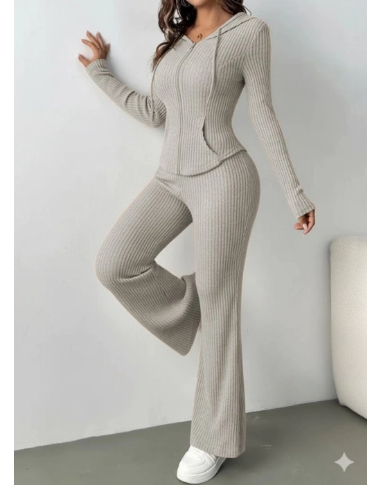 Kadın Uzun Kollu Kapşonlu önden Fermuarlı Kaşkorse Bluz Ve Pantolon Ikili Takım