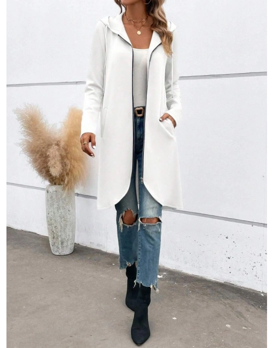 Kadın Uzun Kollu Kapşonlu önden Fermuarlı Midi Dalgıç Ceket