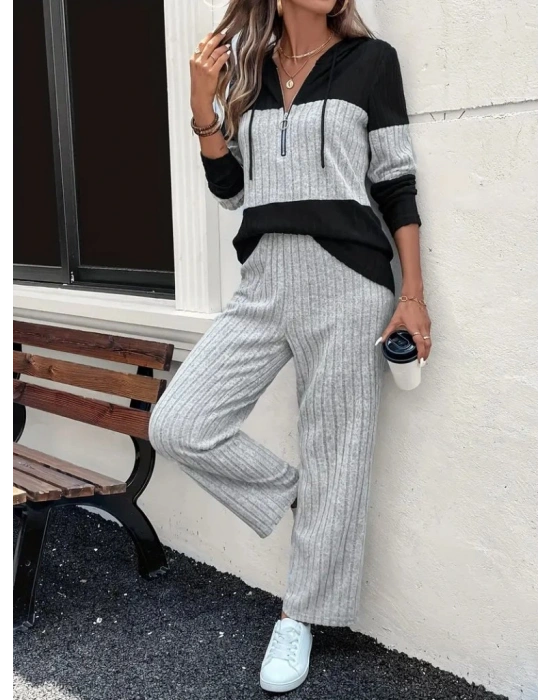 Kadın Uzun Kollu Kapşonlu önden Fermuarlı şardonlu Kaşkorse Bluz Ve Pantolon