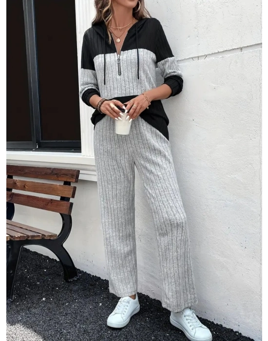 Kadın Uzun Kollu Kapşonlu önden Fermuarlı şardonlu Kaşkorse Bluz Ve Pantolon