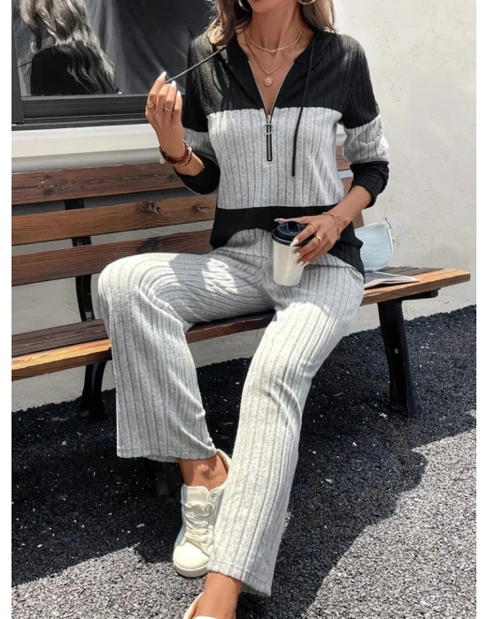 Kadın Uzun Kollu Kapşonlu önden Fermuarlı şardonlu Kaşkorse Bluz Ve Pantolon