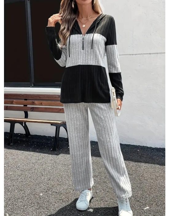 Kadın Uzun Kollu Kapşonlu önden Fermuarlı şardonlu Kaşkorse Bluz Ve Pantolon